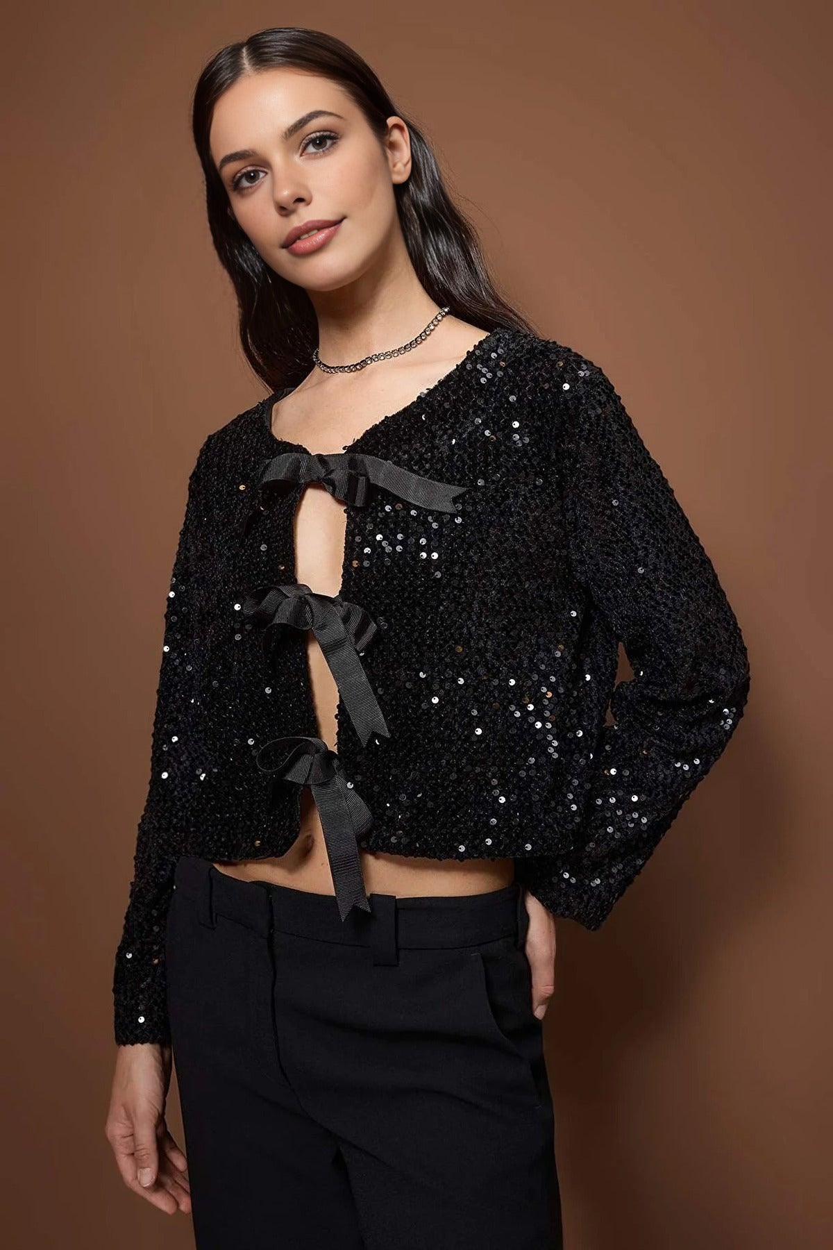 Front-Tie Sequin Party Jacket