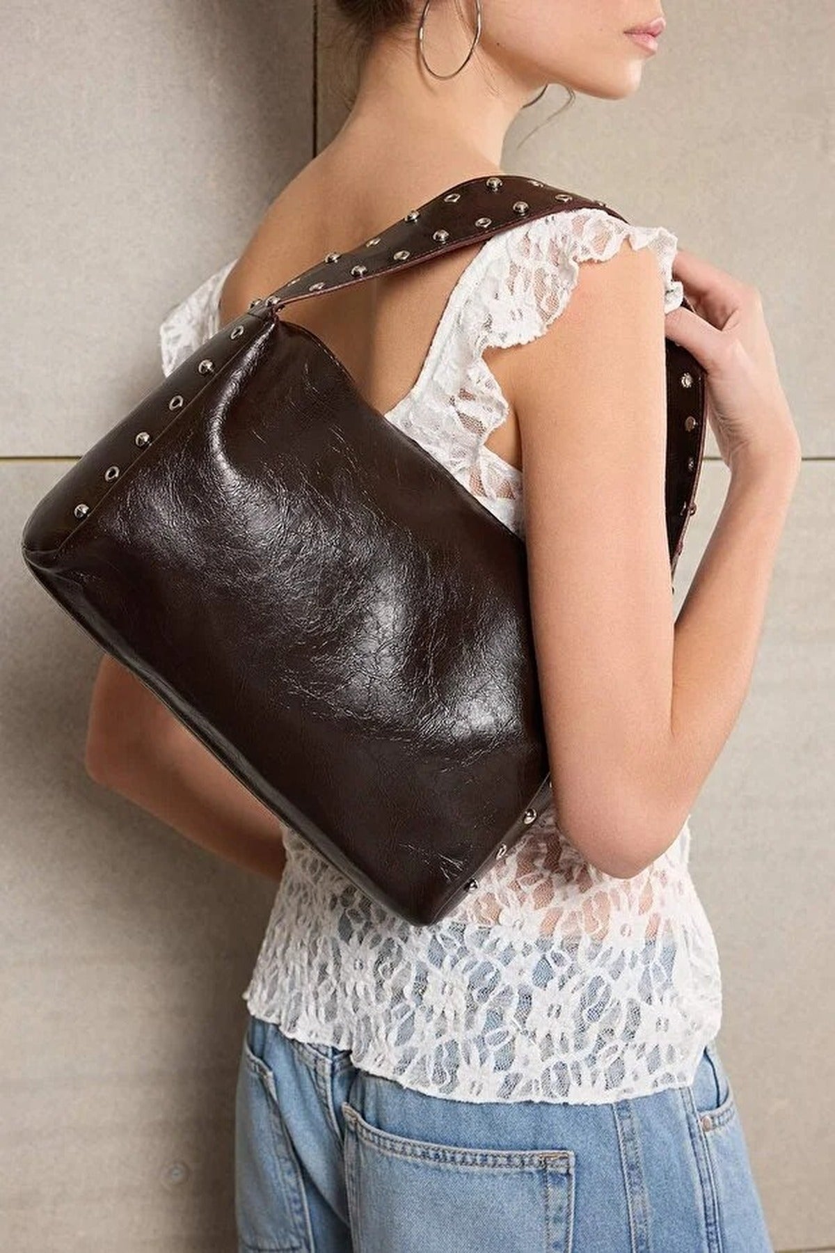 Faux Leather Shoulder Bag with Stud Detail