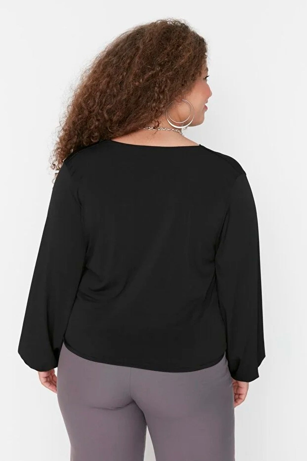 Balloon Sleeve Wrap Collar Knitted Blouse