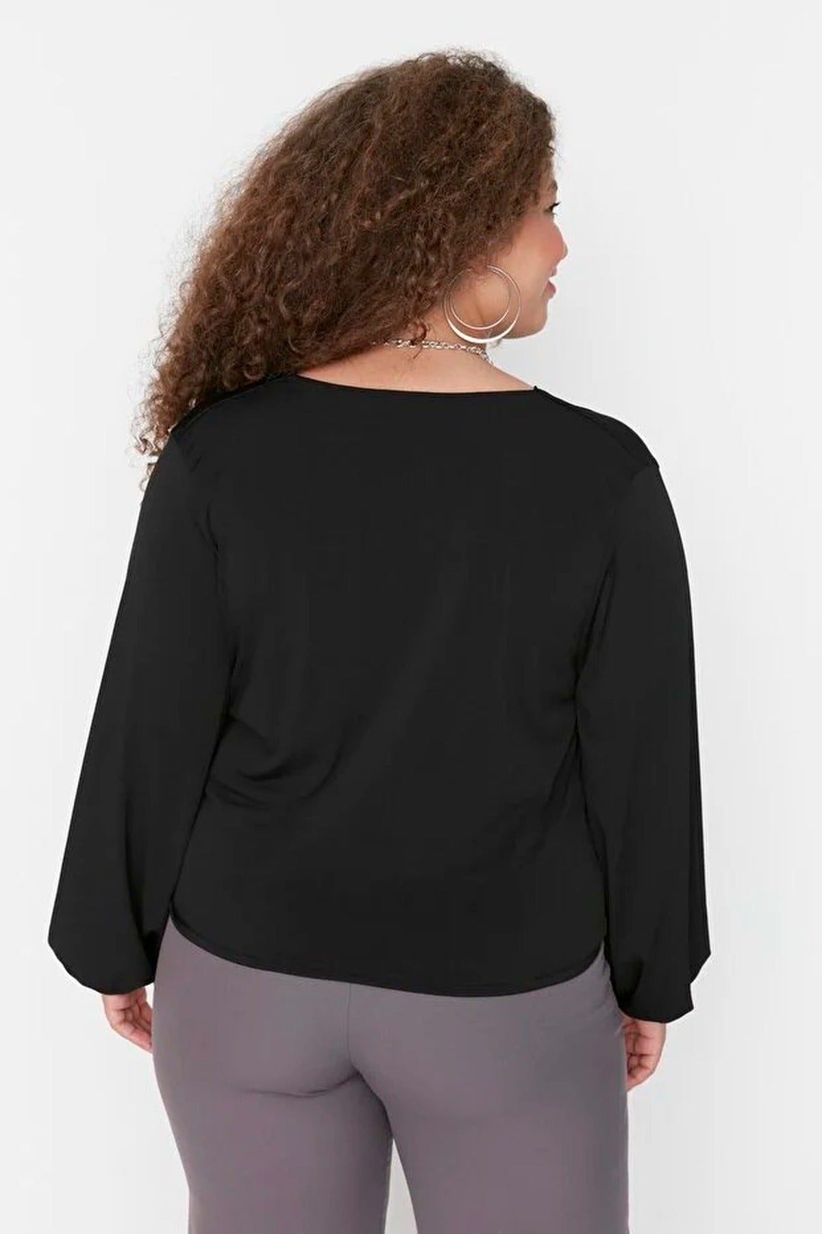 Balloon Sleeve Wrap Collar Knitted Blouse