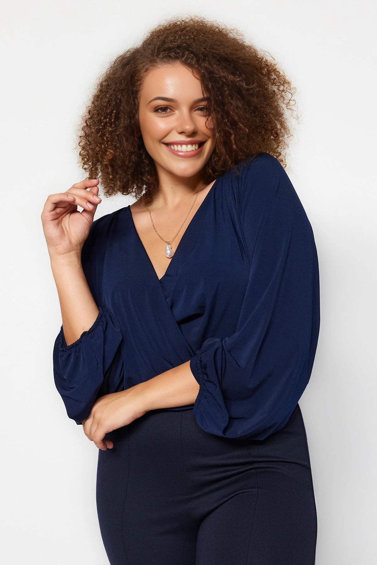 Balloon Sleeve Wrap Collar Knitted Blouse