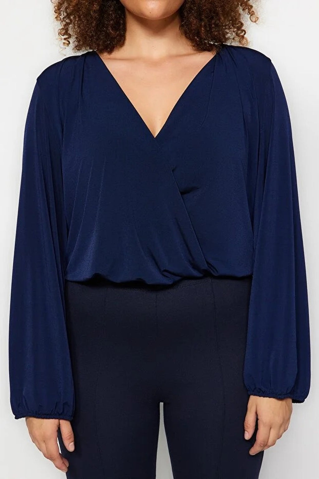 Balloon Sleeve Wrap Collar Knitted Blouse