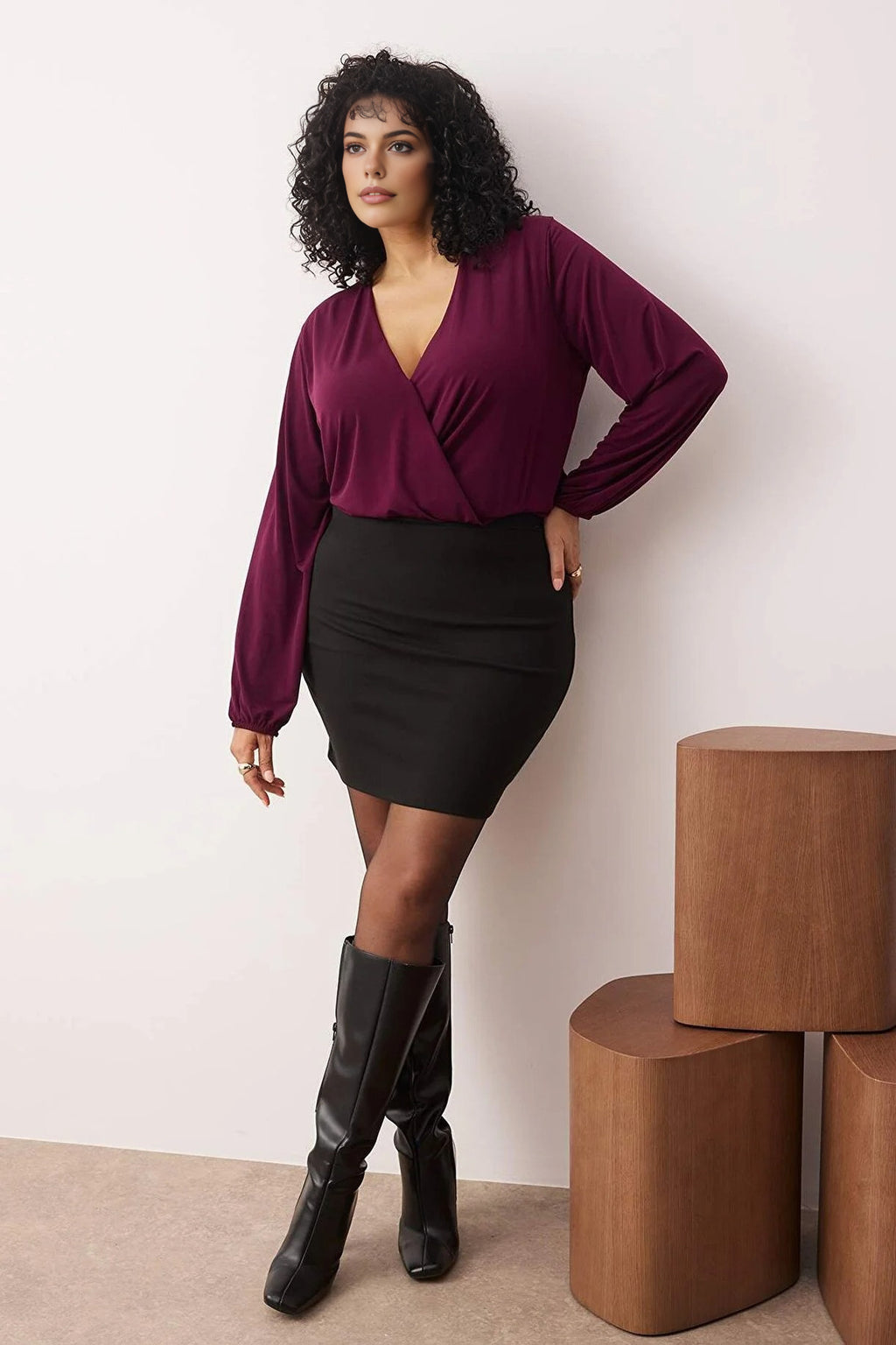 Balloon Sleeve Wrap Collar Knitted Blouse