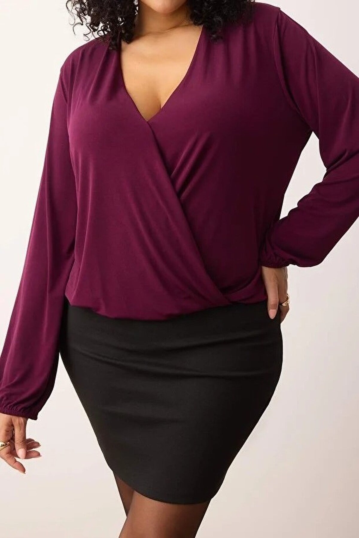 Balloon Sleeve Wrap Collar Knitted Blouse