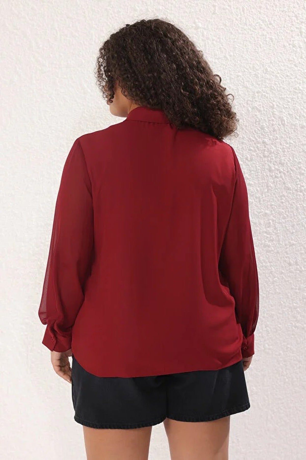 Long Sleeve Buttoned Chiffon Woven Plus Size Shirt