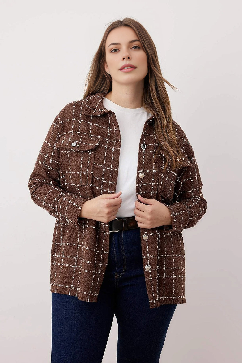 Tweed Long Sleeve Winter Woven Plus Size Shirt