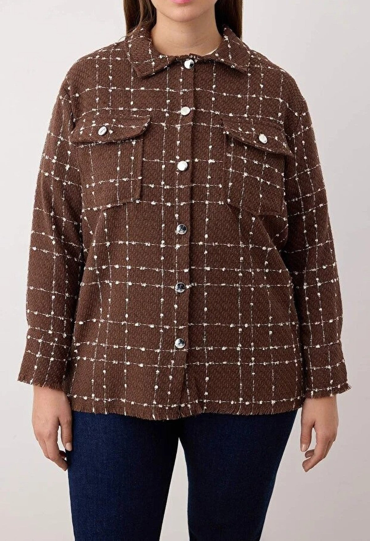 Tweed Long Sleeve Winter Woven Plus Size Shirt
