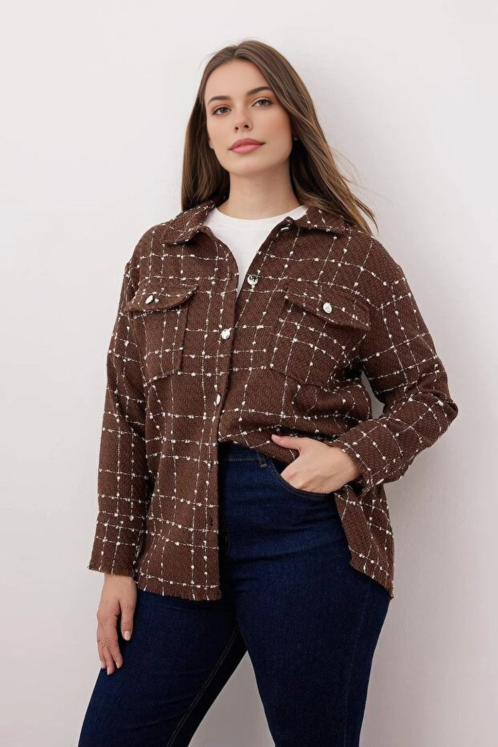 Tweed Long Sleeve Winter Woven Plus Size Shirt