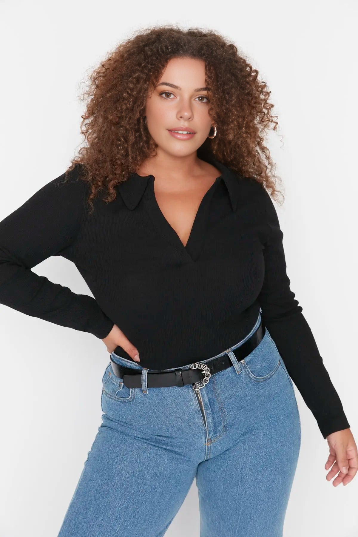 Fitted Ribbed Knit Shirt with Snap Button Collar Bodysuit