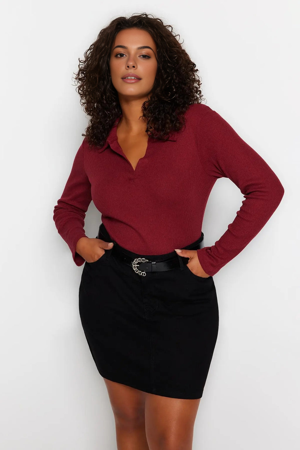 Fitted Ribbed Knit Shirt with Snap Button Collar Bodysuit