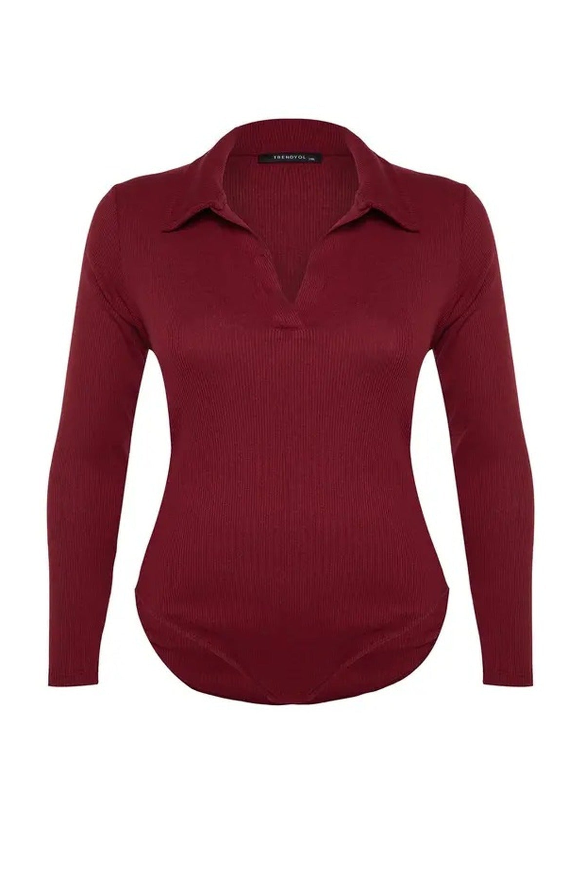 Fitted Ribbed Knit Shirt with Snap Button Collar Bodysuit