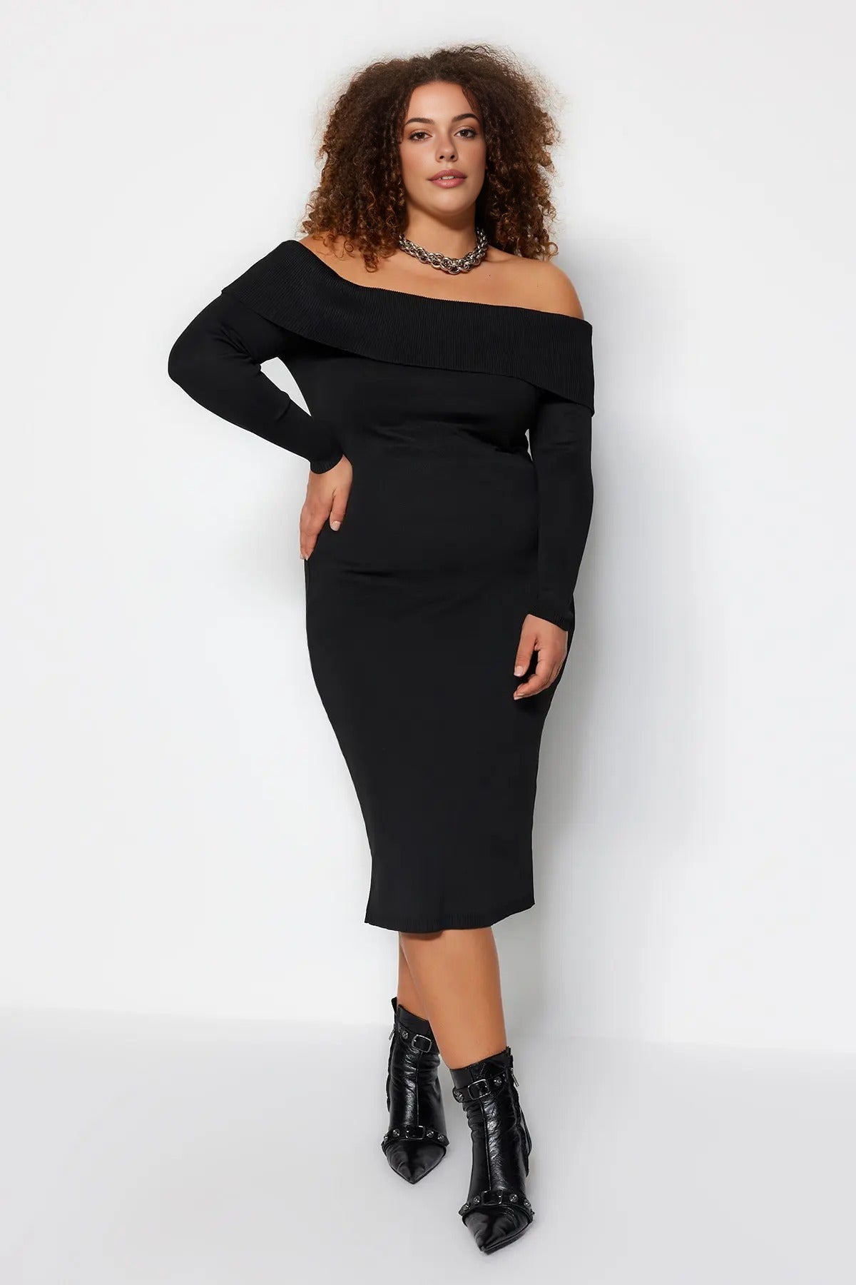 Carmen Neckline Body-Hugging Midi Length Knit Dress
