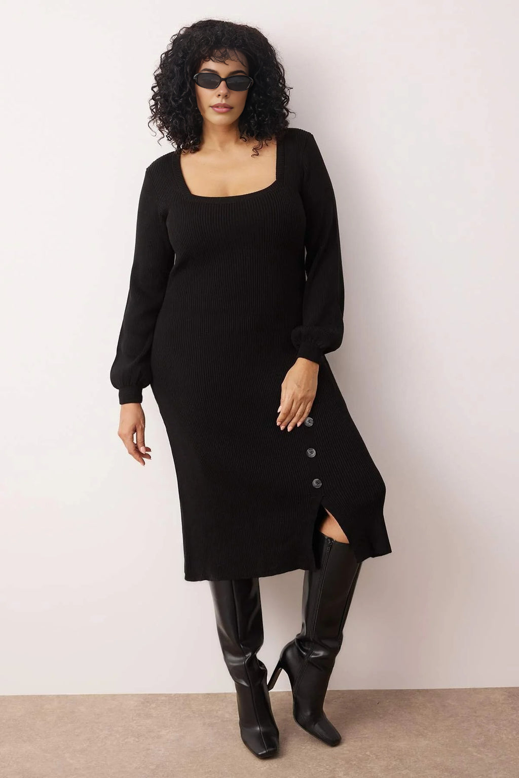 Button Detail Slit Knit Dress