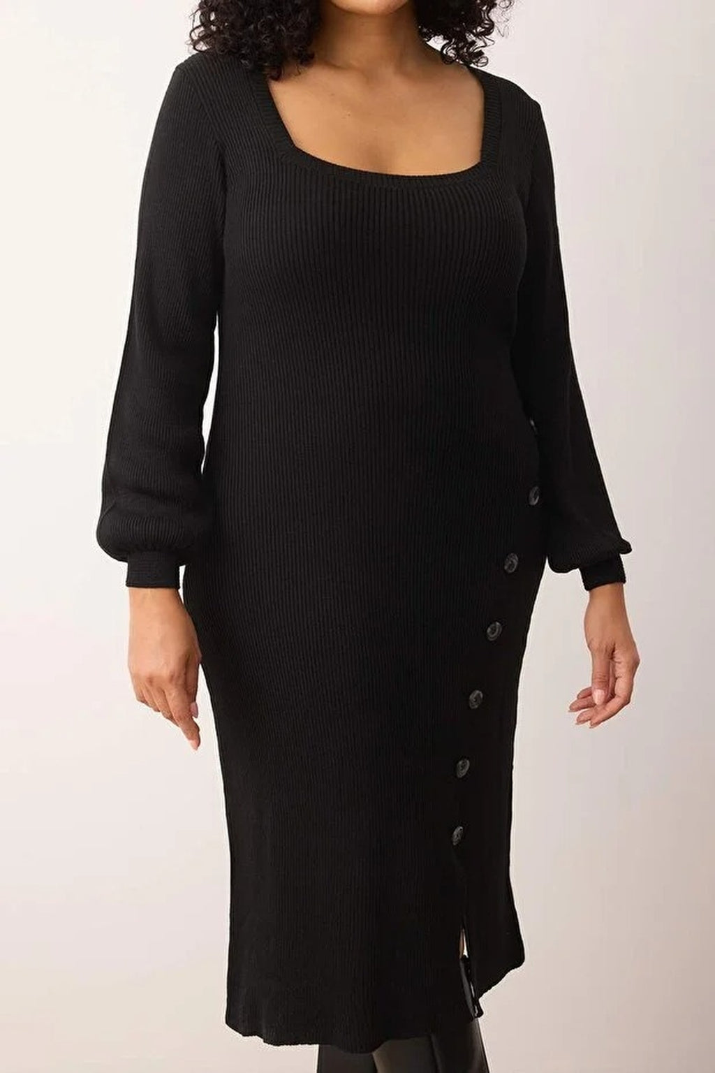Button Detail Slit Knit Dress