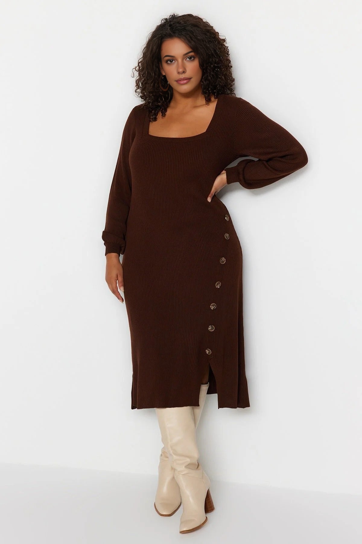 Button Detail Slit Knit Dress