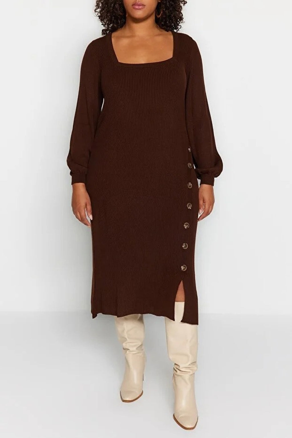 Button Detail Slit Knit Dress