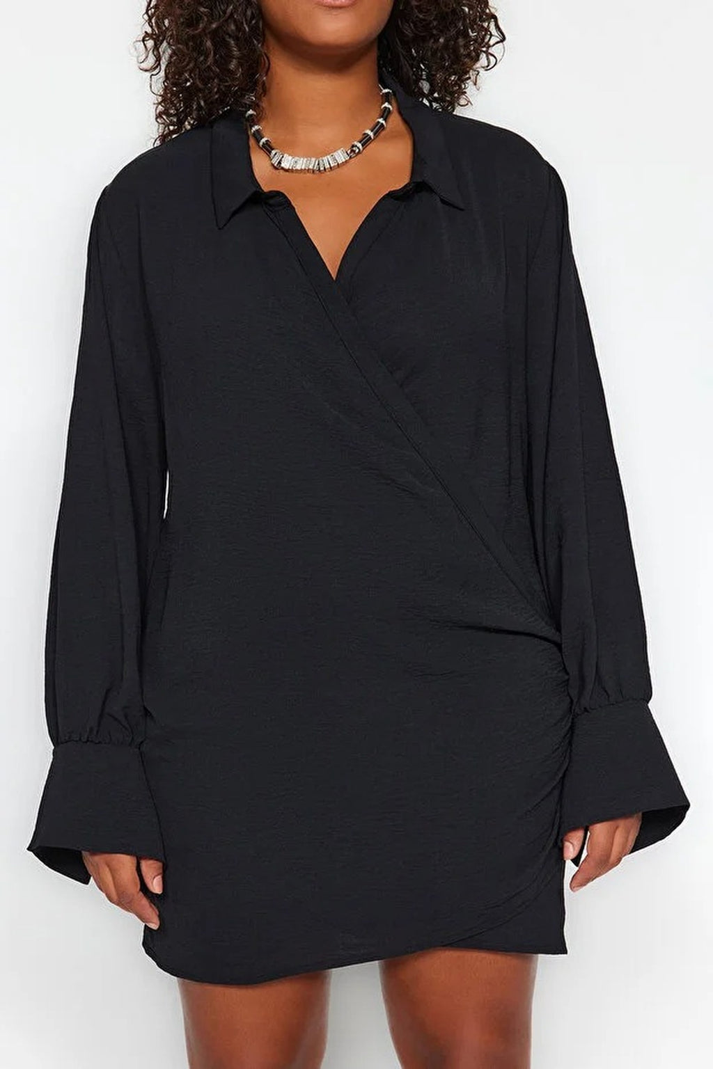 Double-Breasted Mini Long-Sleeve Shirt Collar Woven Dress