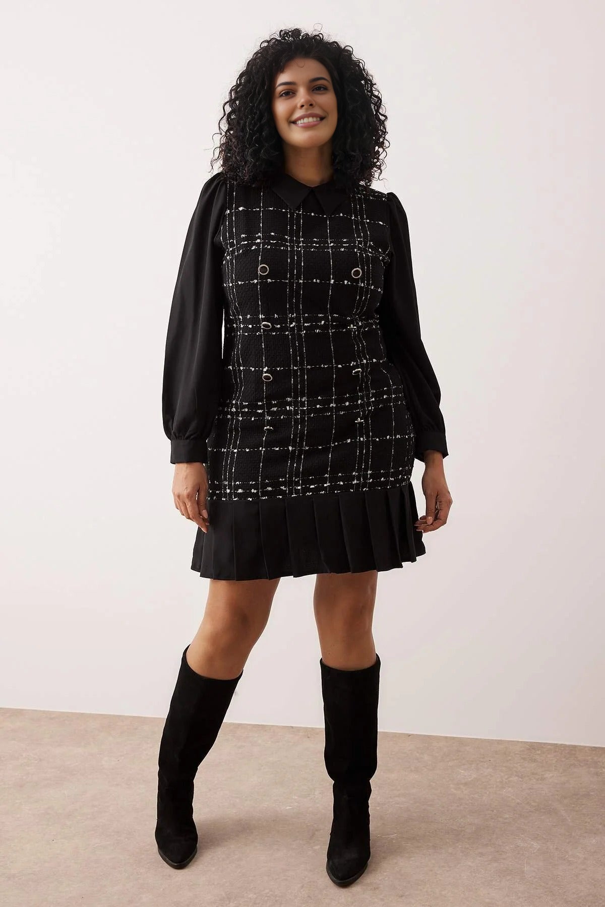 Shirt Collar Plaid Mini Tweed Dress