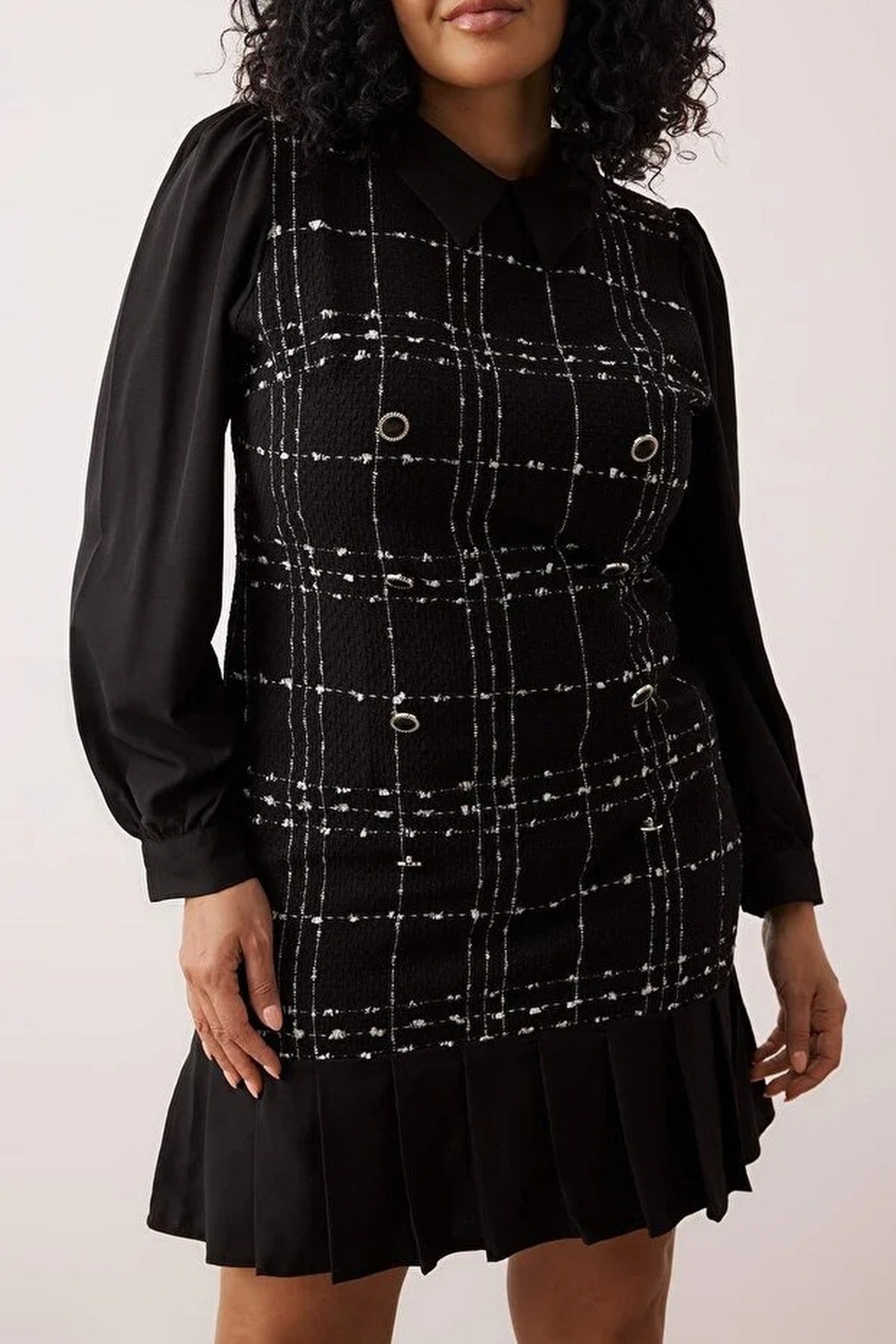 Shirt Collar Plaid Mini Tweed Dress