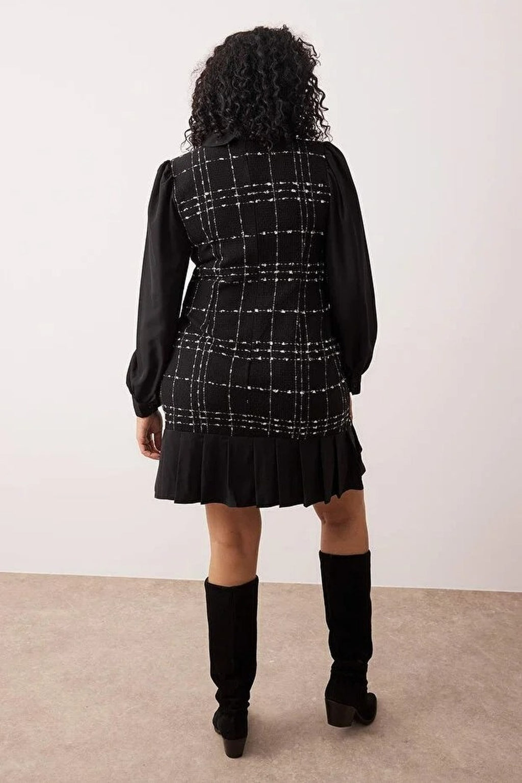 Shirt Collar Plaid Mini Tweed Dress