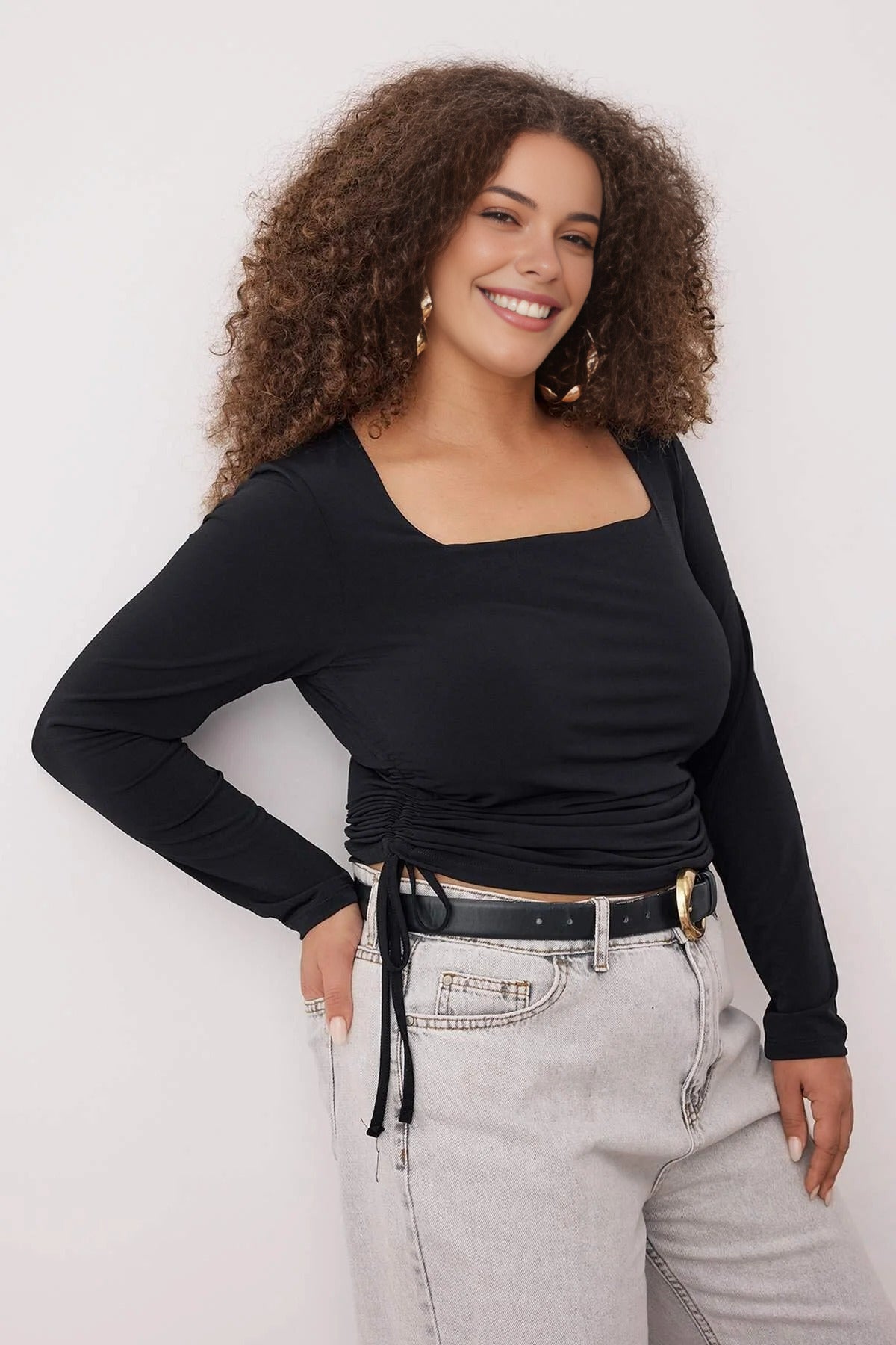 Square Neck Plus Size Knitted Blouse with Gathered Sides