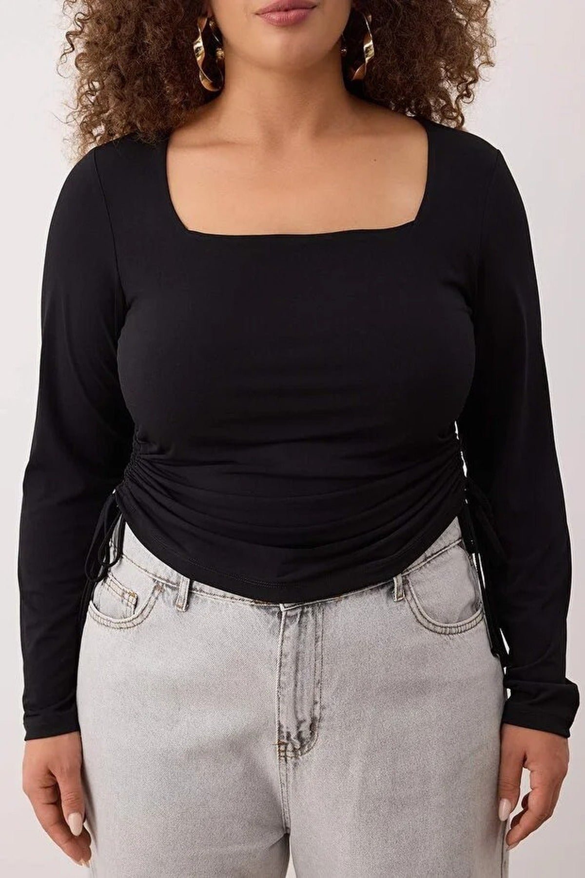 Square Neck Plus Size Knitted Blouse with Gathered Sides
