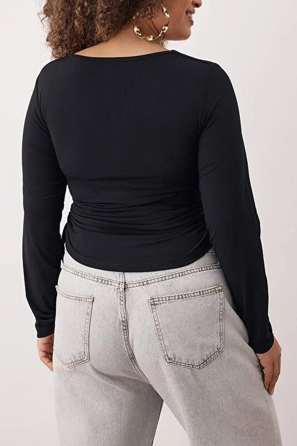 Square Neck Plus Size Knitted Blouse with Gathered Sides