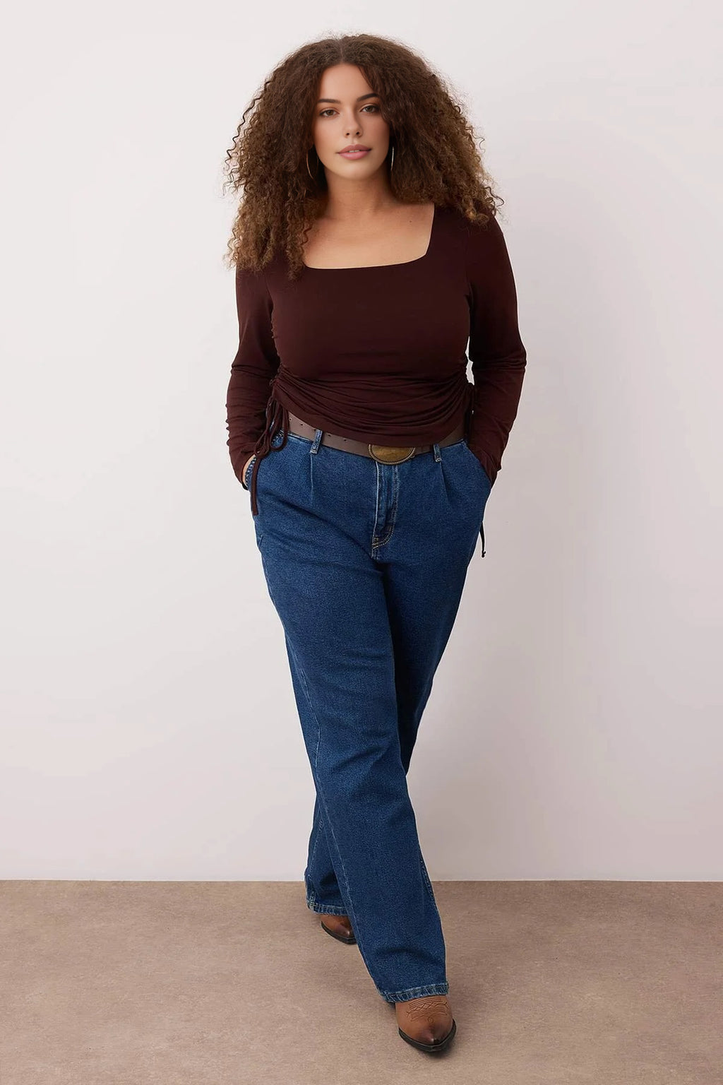 Square Neck Plus Size Knitted Blouse with Gathered Sides