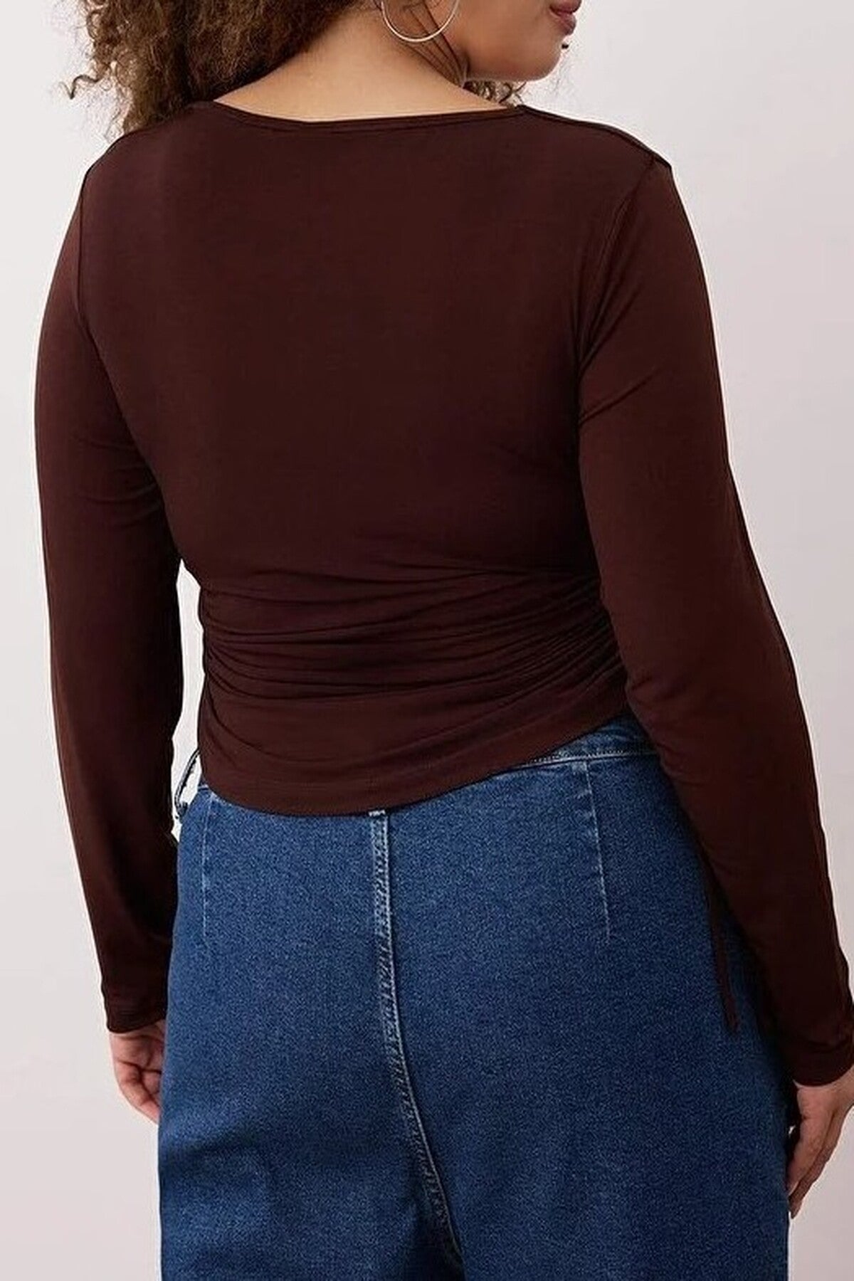 Square Neck Plus Size Knitted Blouse with Gathered Sides