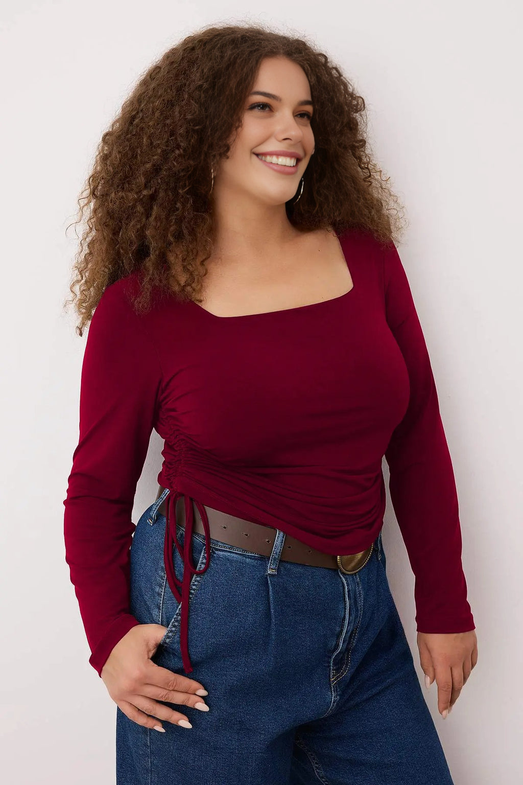 Square Neck Plus Size Knitted Blouse with Gathered Sides
