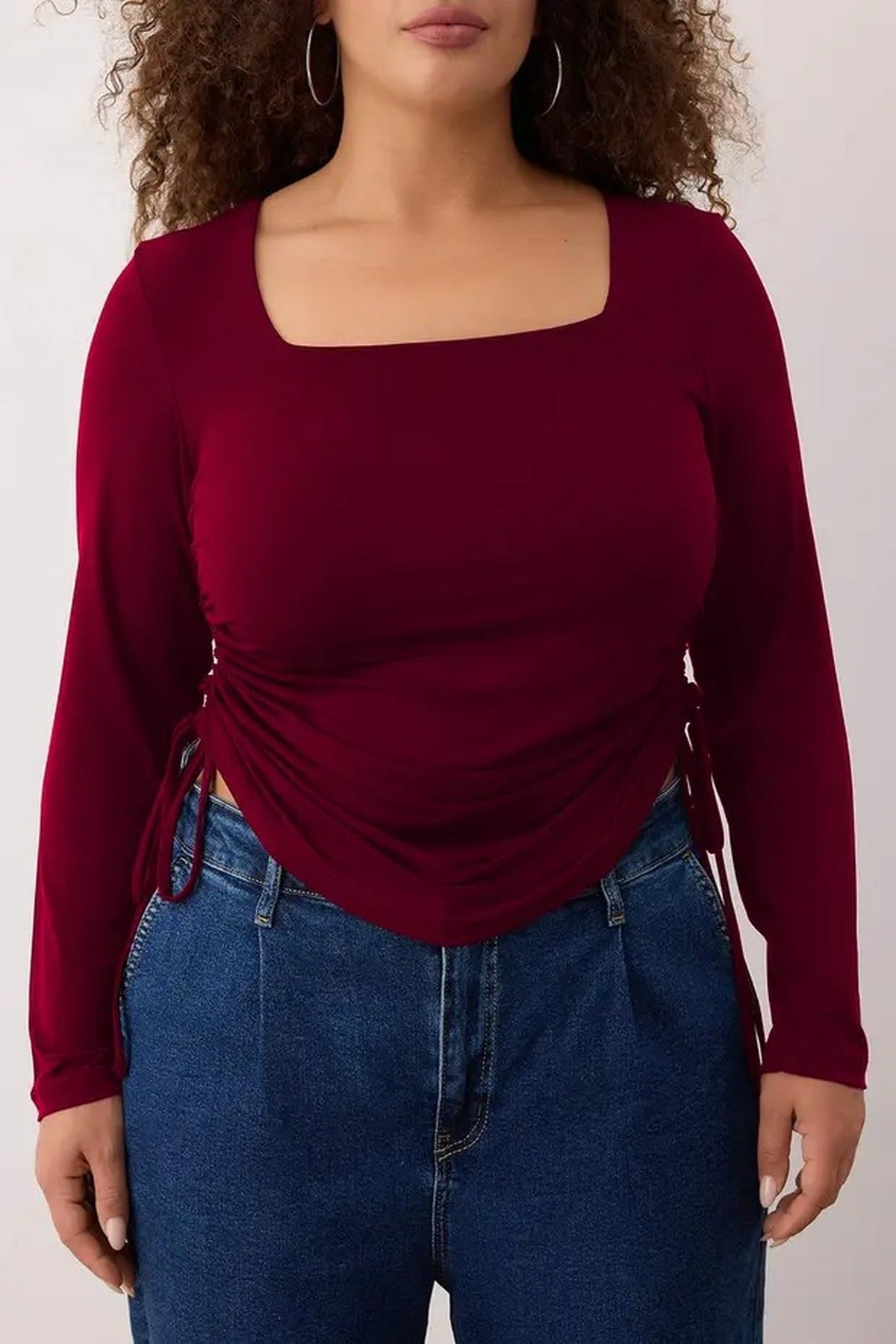 Square Neck Plus Size Knitted Blouse with Gathered Sides