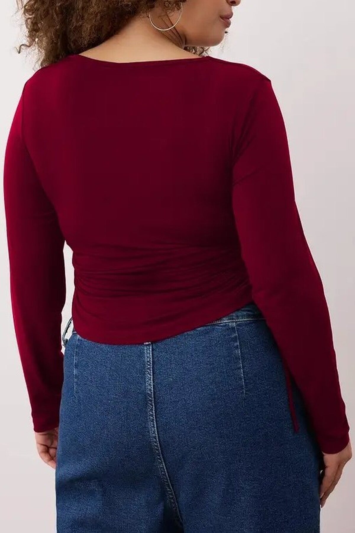 Square Neck Plus Size Knitted Blouse with Gathered Sides