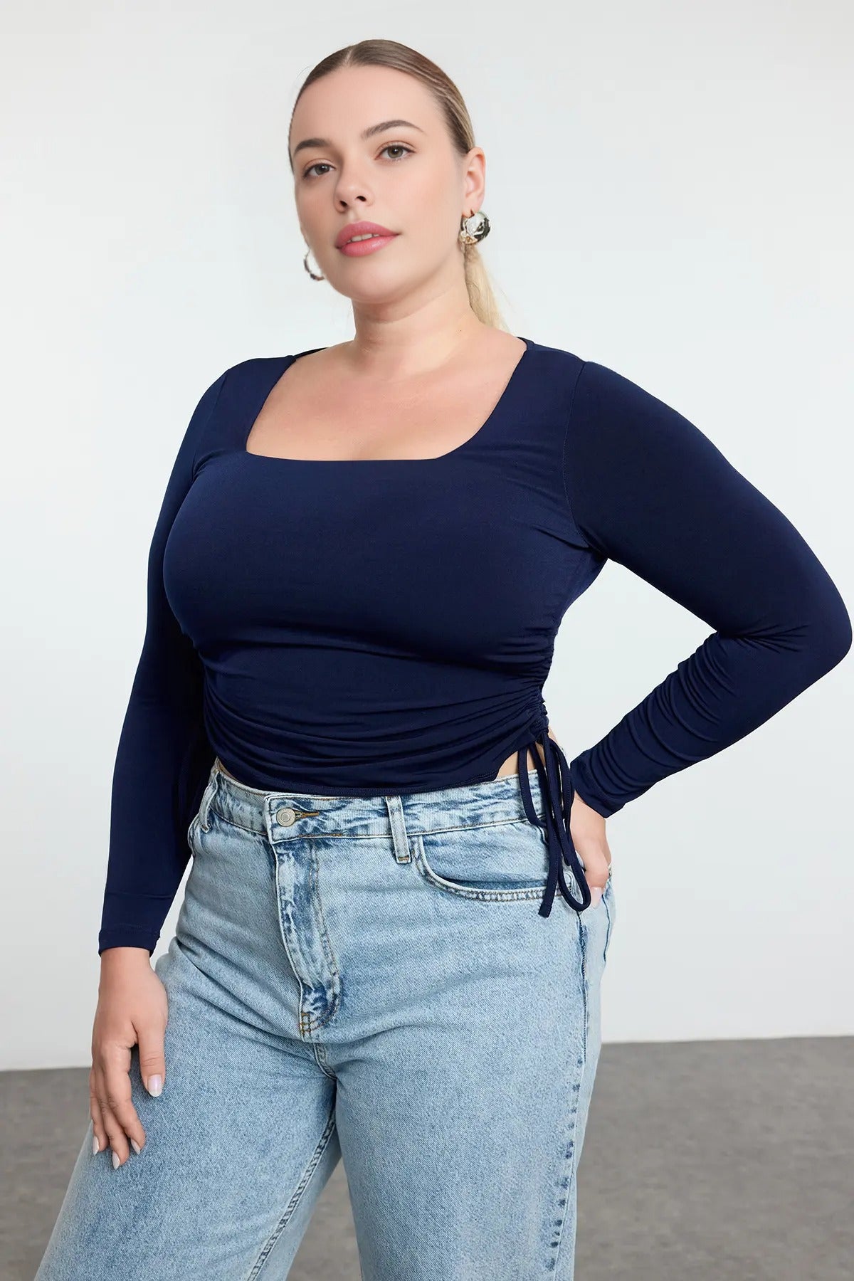 Square Neck Plus Size Knitted Blouse with Gathered Sides
