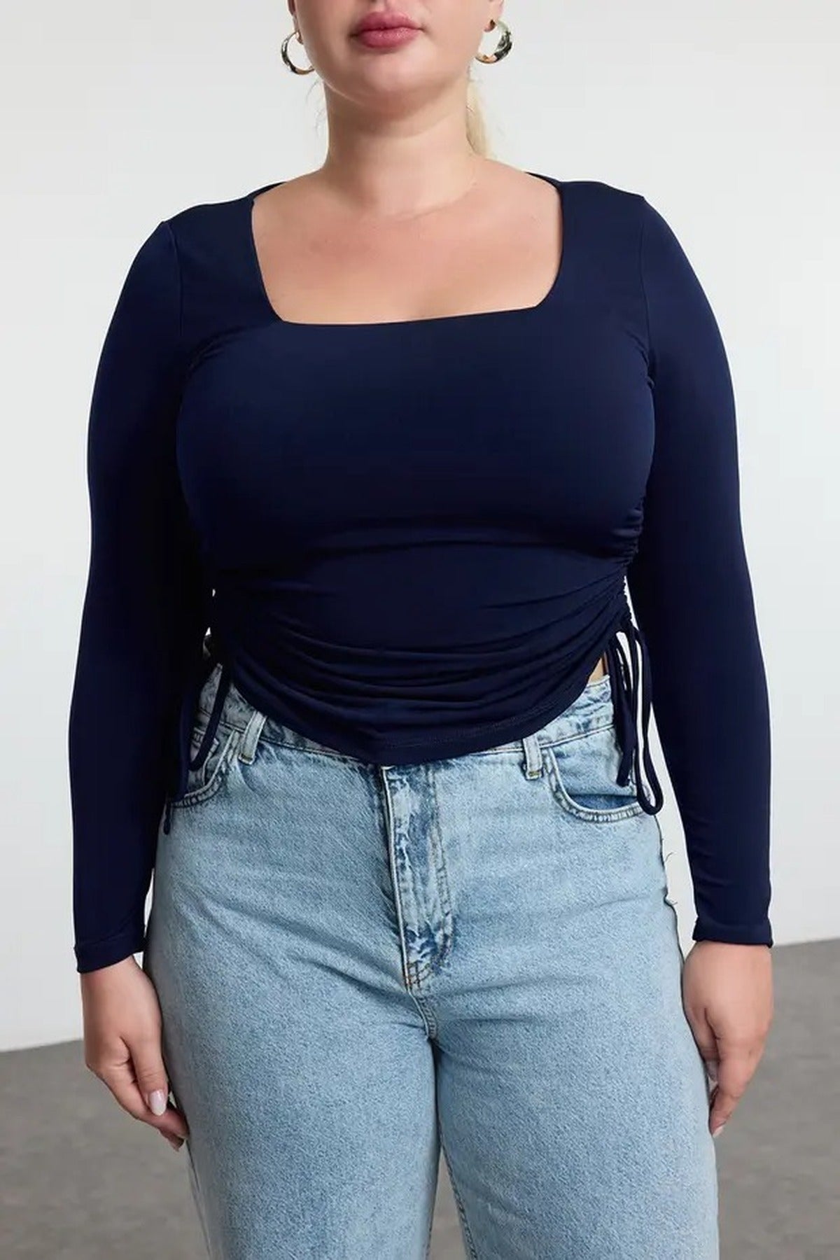 Square Neck Plus Size Knitted Blouse with Gathered Sides