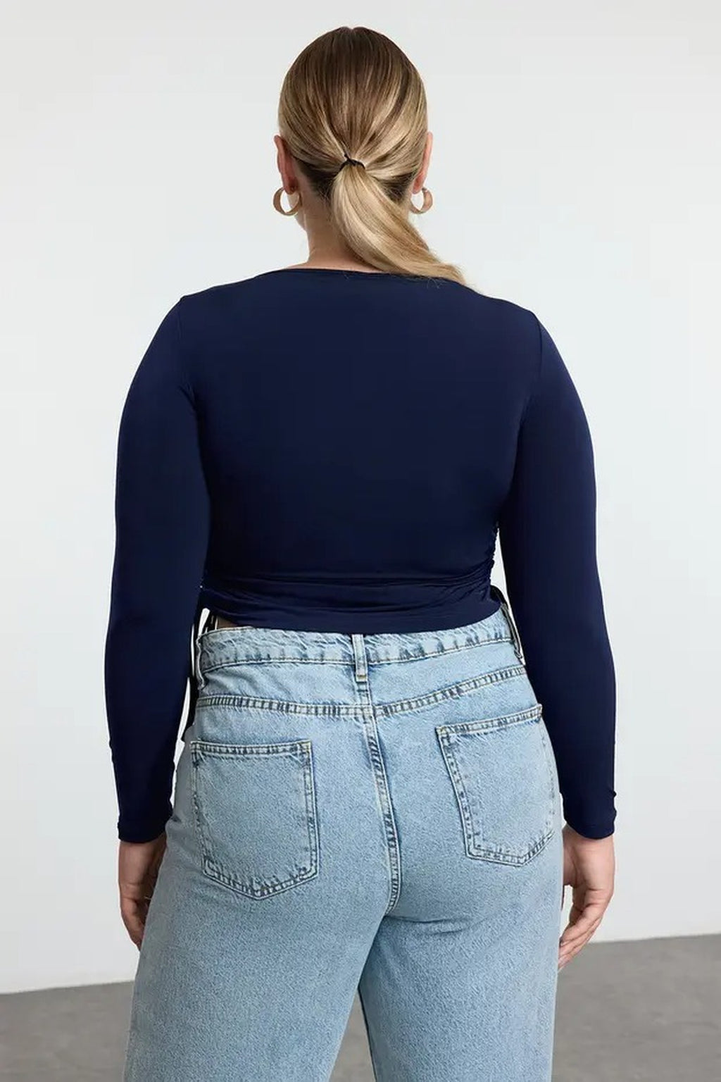 Square Neck Plus Size Knitted Blouse with Gathered Sides