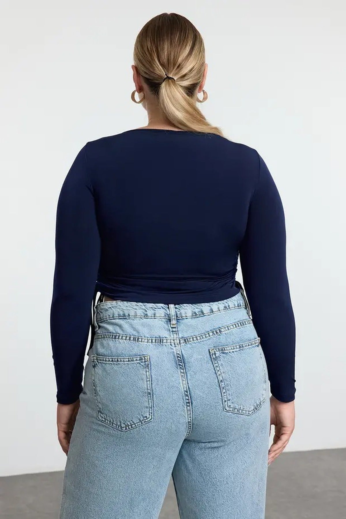 Square Neck Plus Size Knitted Blouse with Gathered Sides