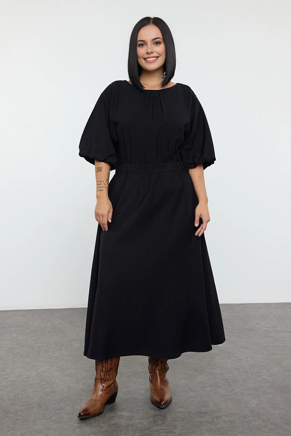 Textured Balloon Sleeve Midi Woven Plus Size Dress