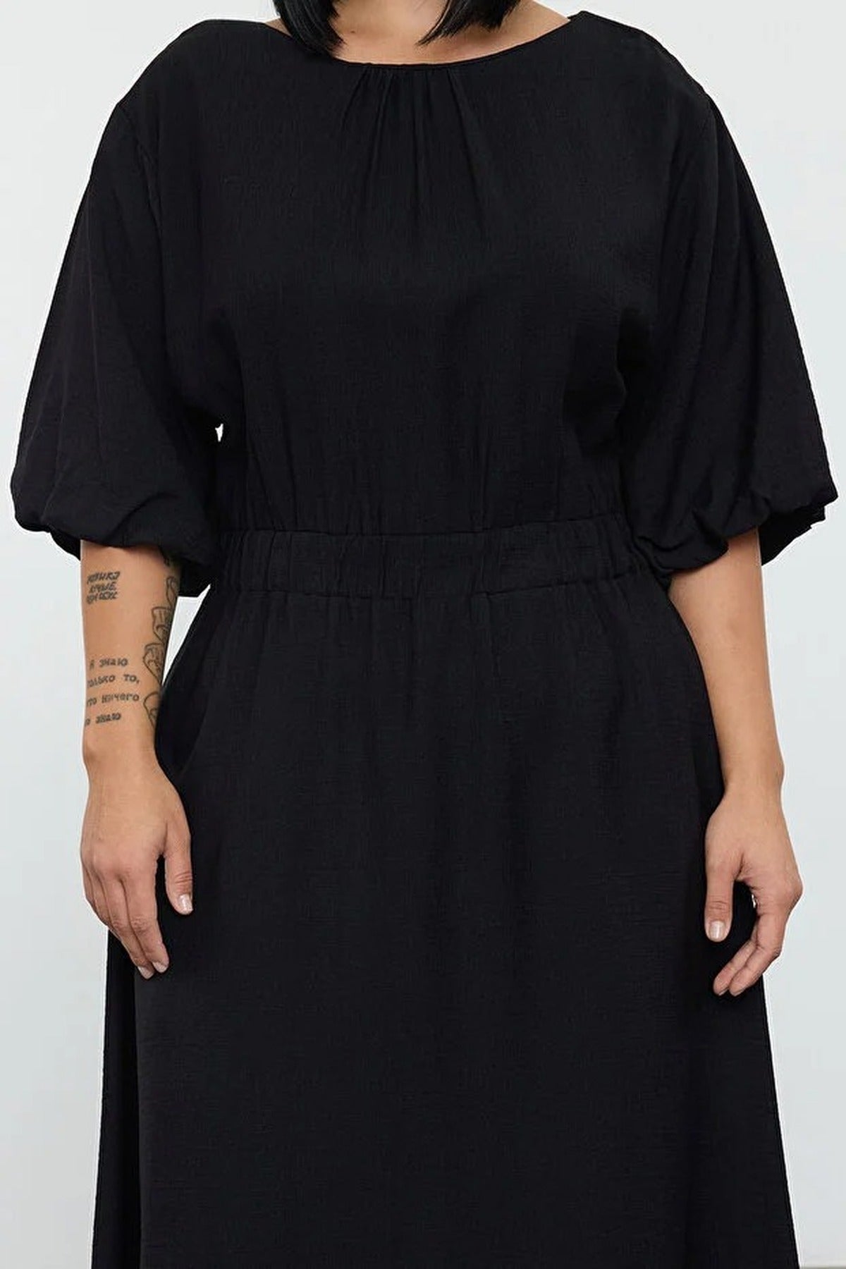 Textured Balloon Sleeve Midi Woven Plus Size Dress