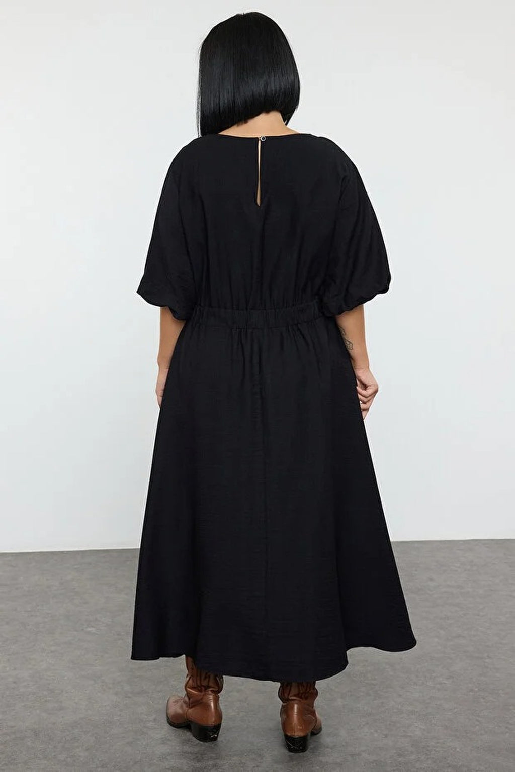 Textured Balloon Sleeve Midi Woven Plus Size Dress
