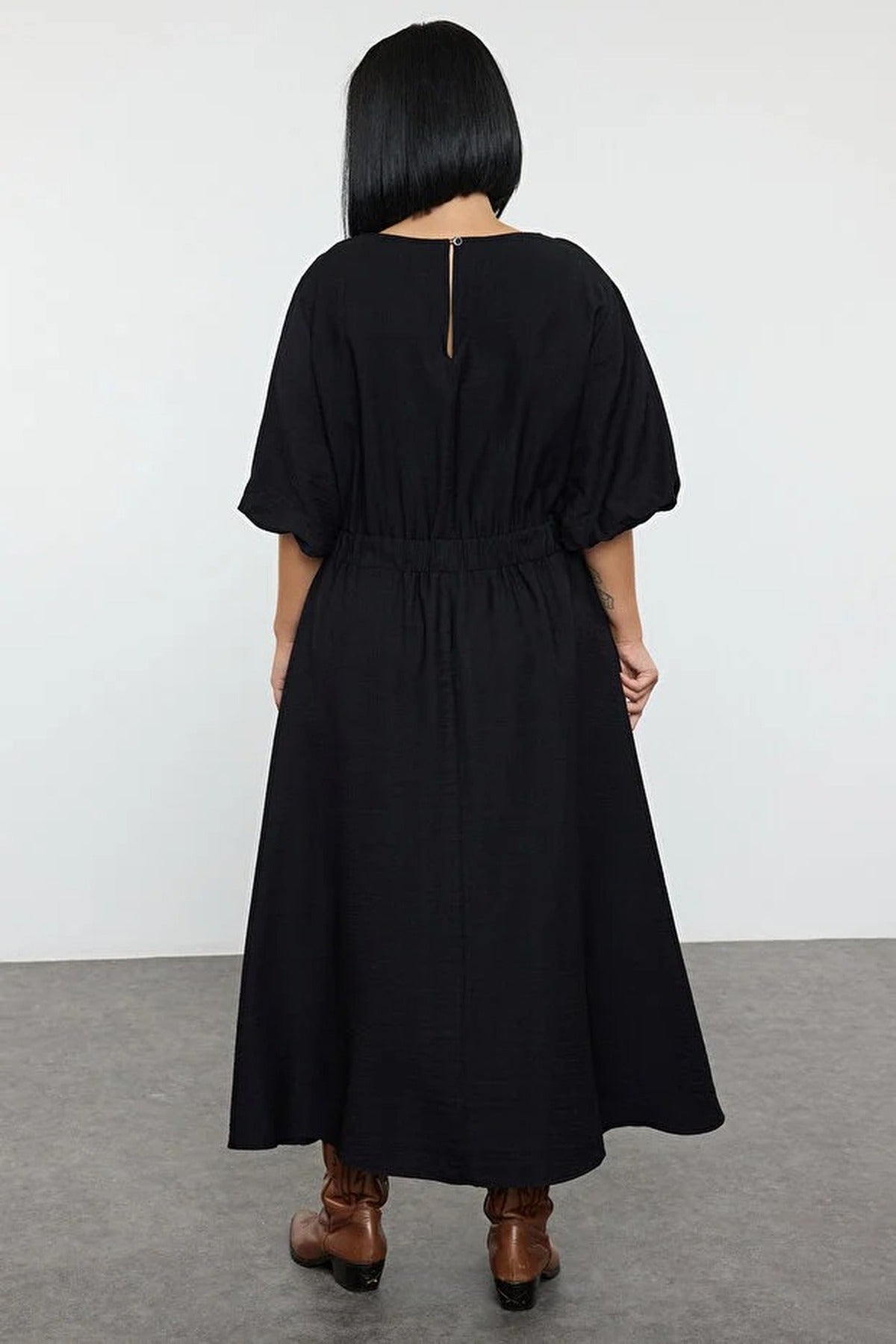 Textured Balloon Sleeve Midi Woven Plus Size Dress
