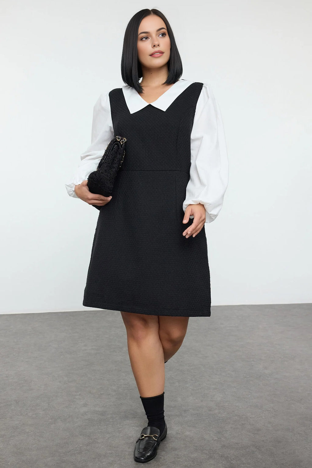 Shirt Collar Tweed Woven Plus Size Dress