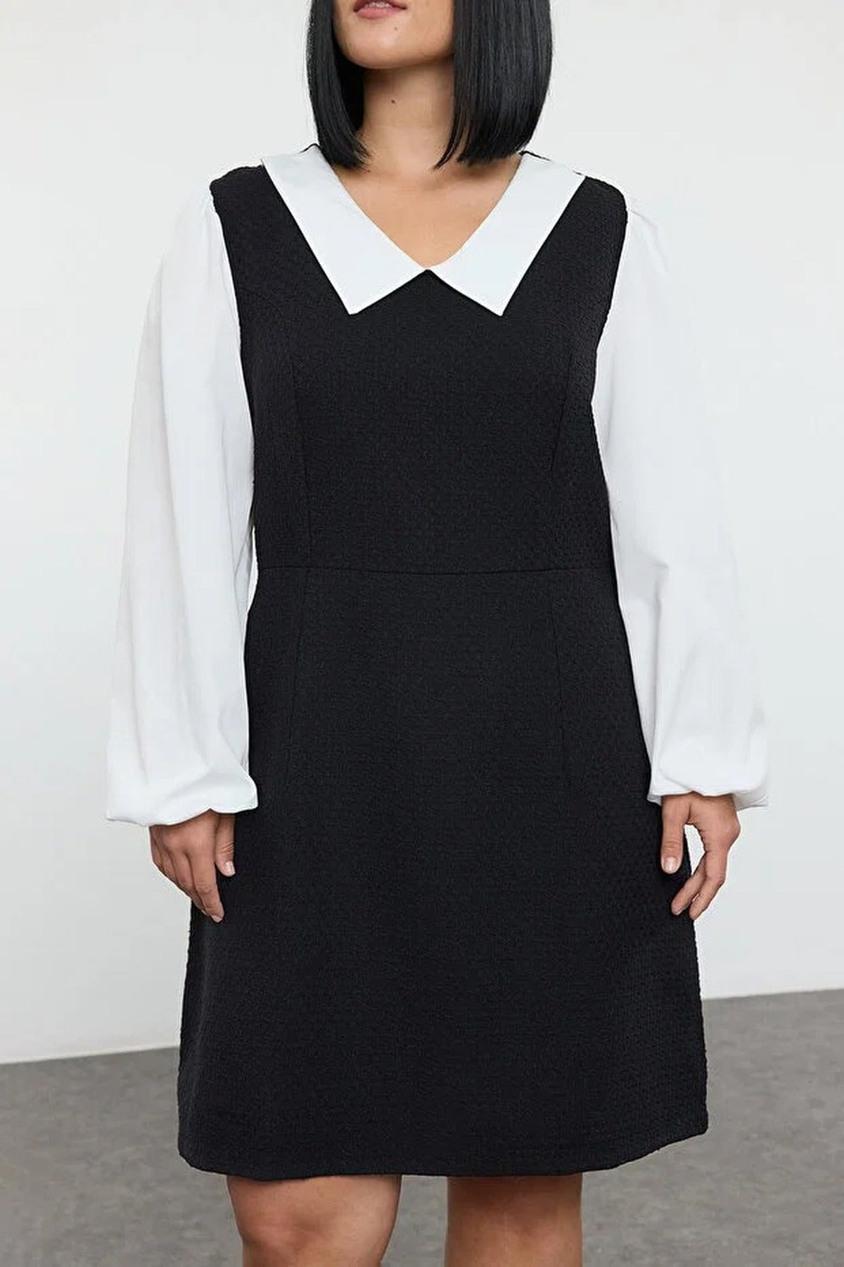 Shirt Collar Tweed Woven Plus Size Dress