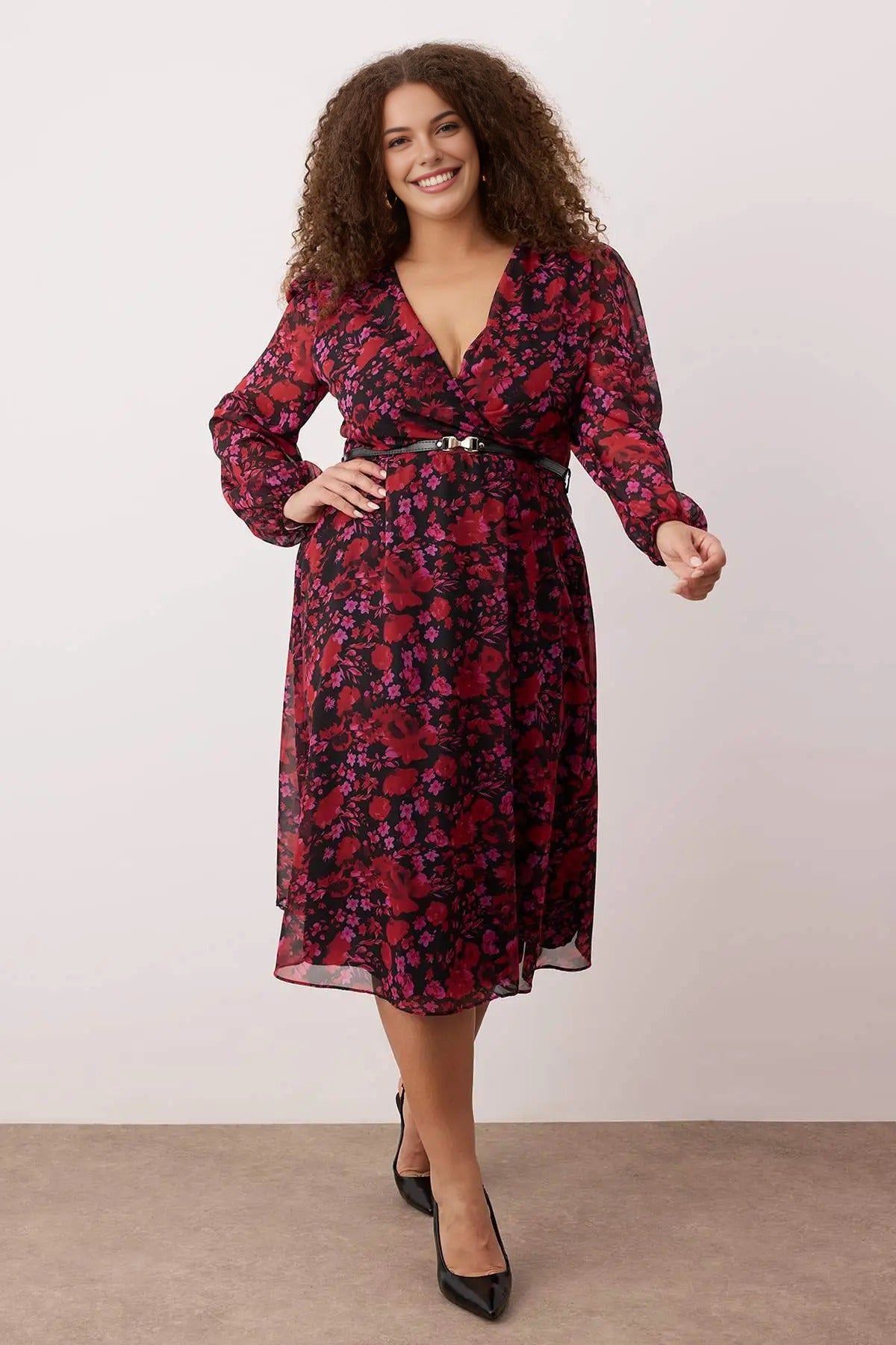 Belted A-Line Midi Wrap Neckline Patterned Chiffon Woven Dress