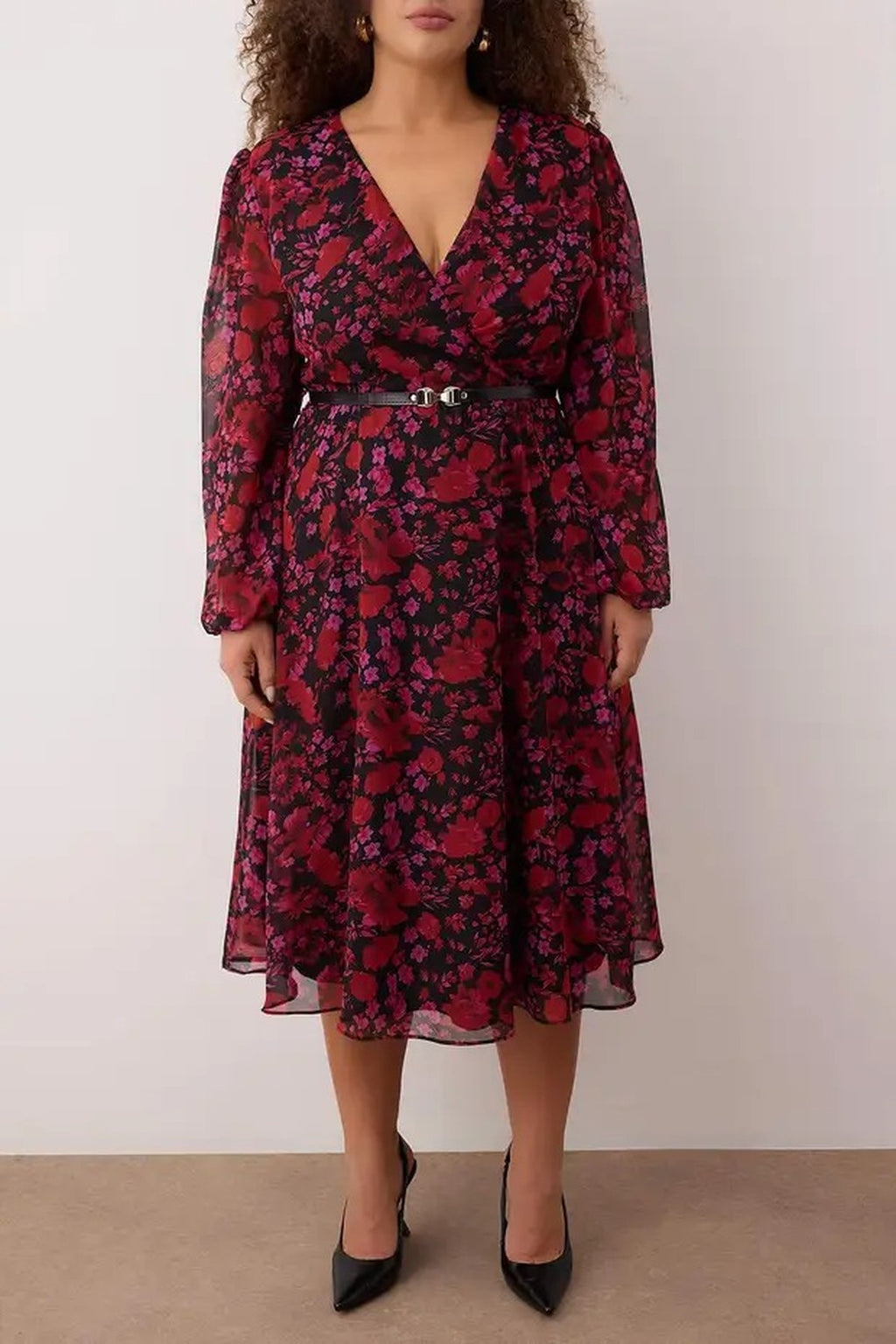 Belted A-Line Midi Wrap Neckline Patterned Chiffon Woven Dress