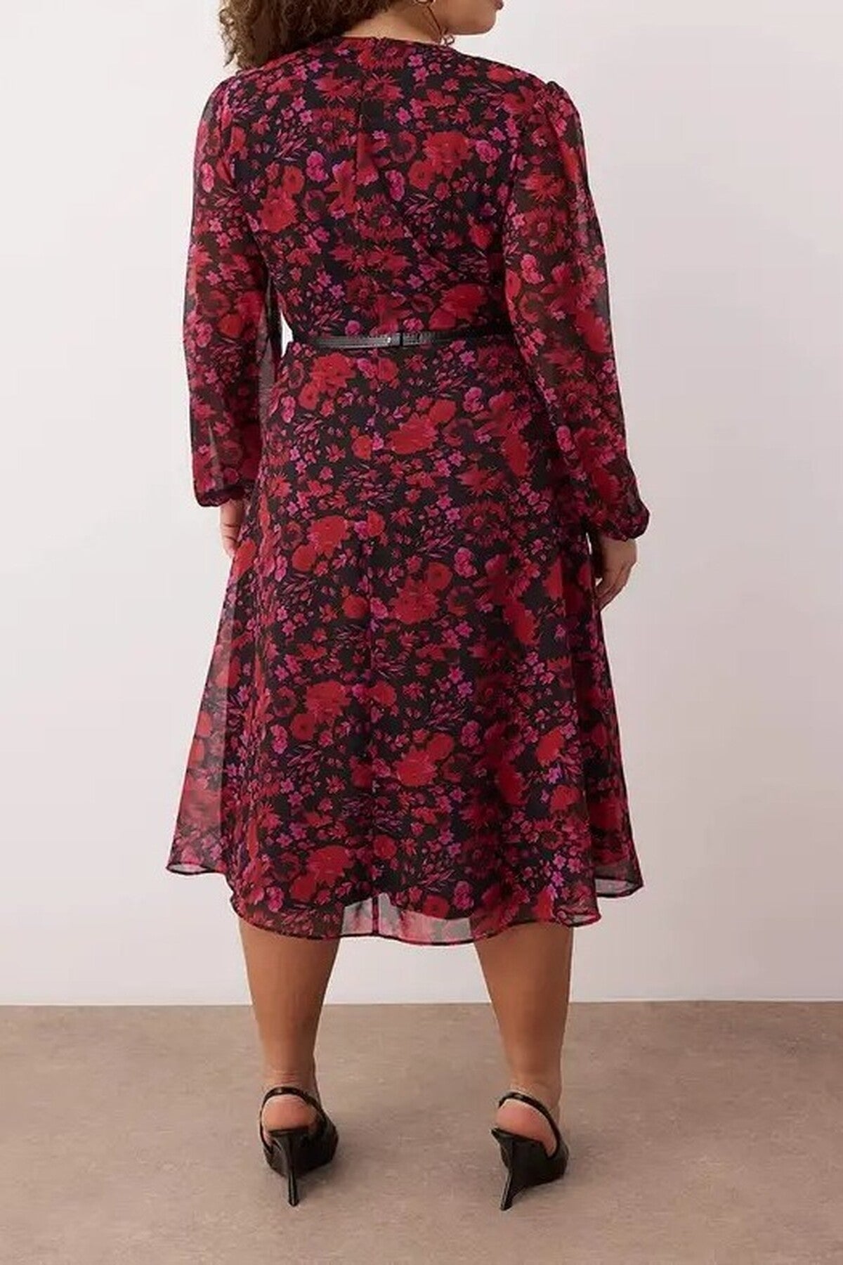 Belted A-Line Midi Wrap Neckline Patterned Chiffon Woven Dress