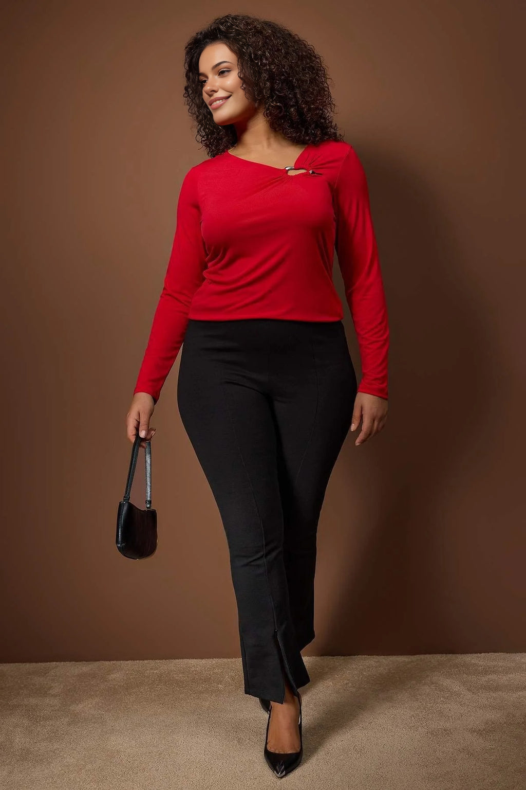 Asymmetrical Collar Accessory Detail Knitted Plus Size Blouse