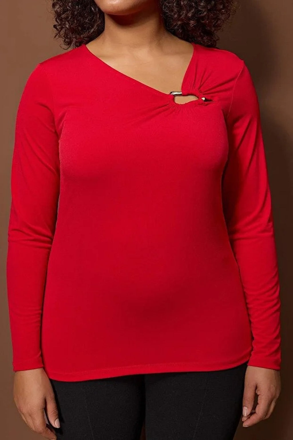 Asymmetrical Collar Accessory Detail Knitted Plus Size Blouse