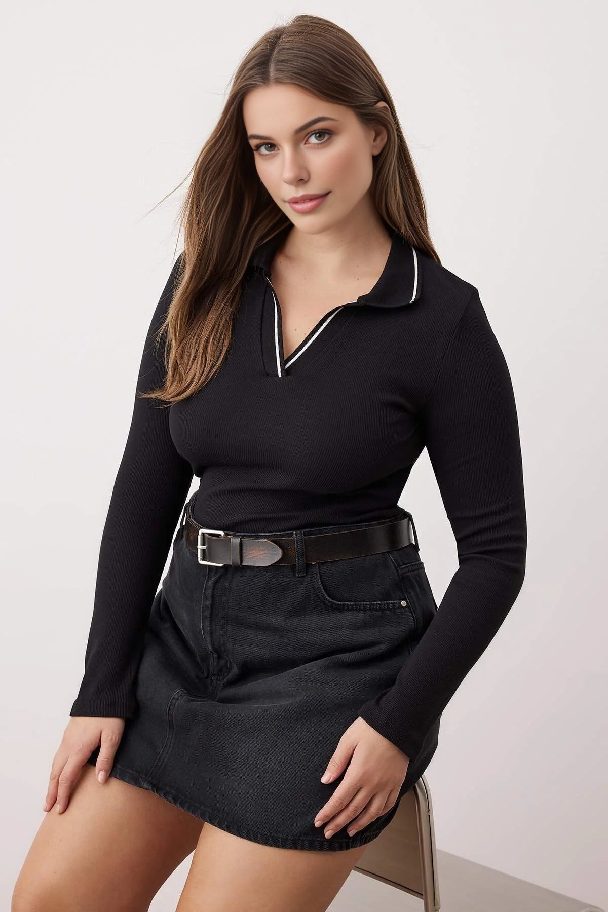 Knitted Collar Detail Fitted Ribbed Stretch Knit Blouse