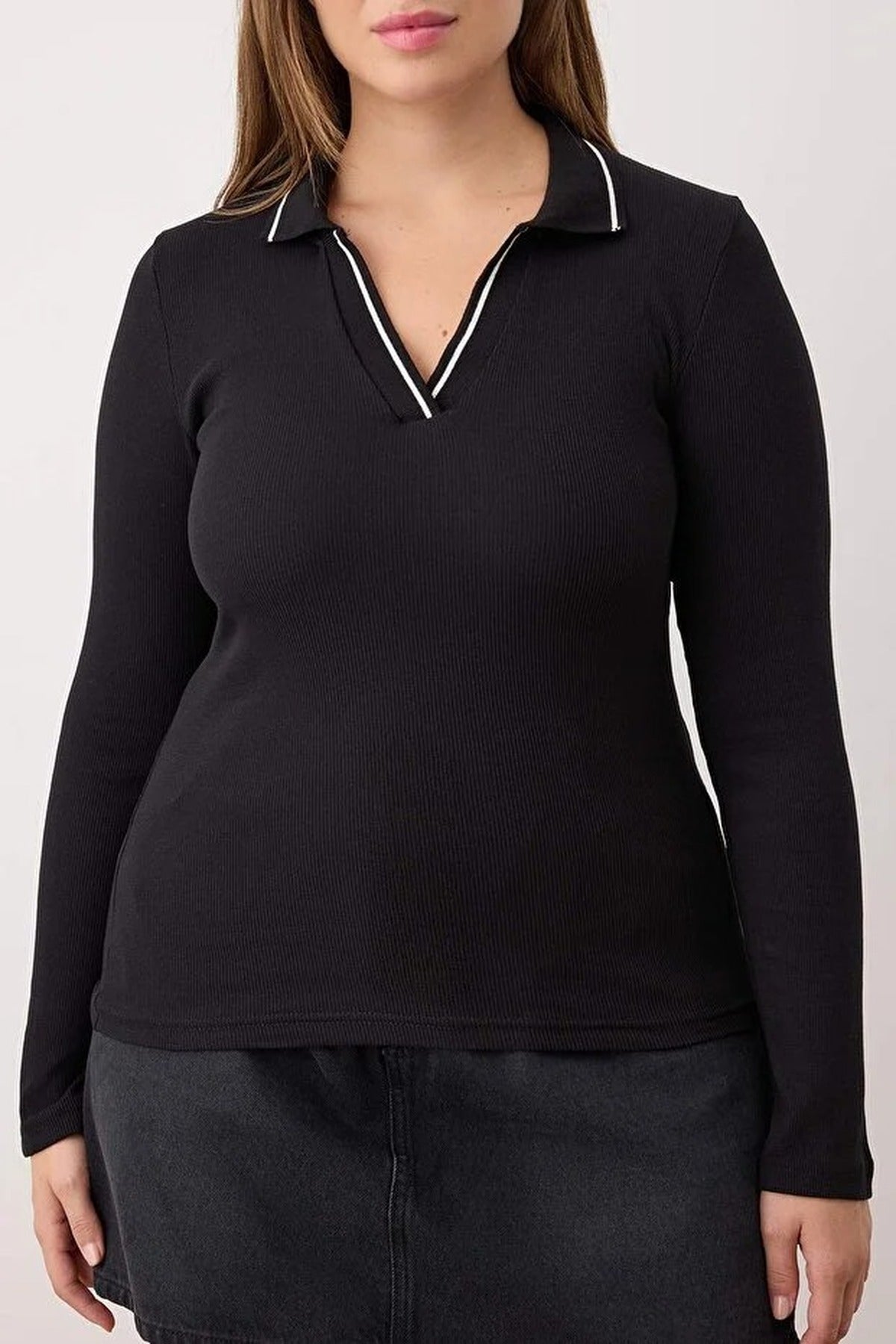 Knitted Collar Detail Fitted Ribbed Stretch Knit Blouse