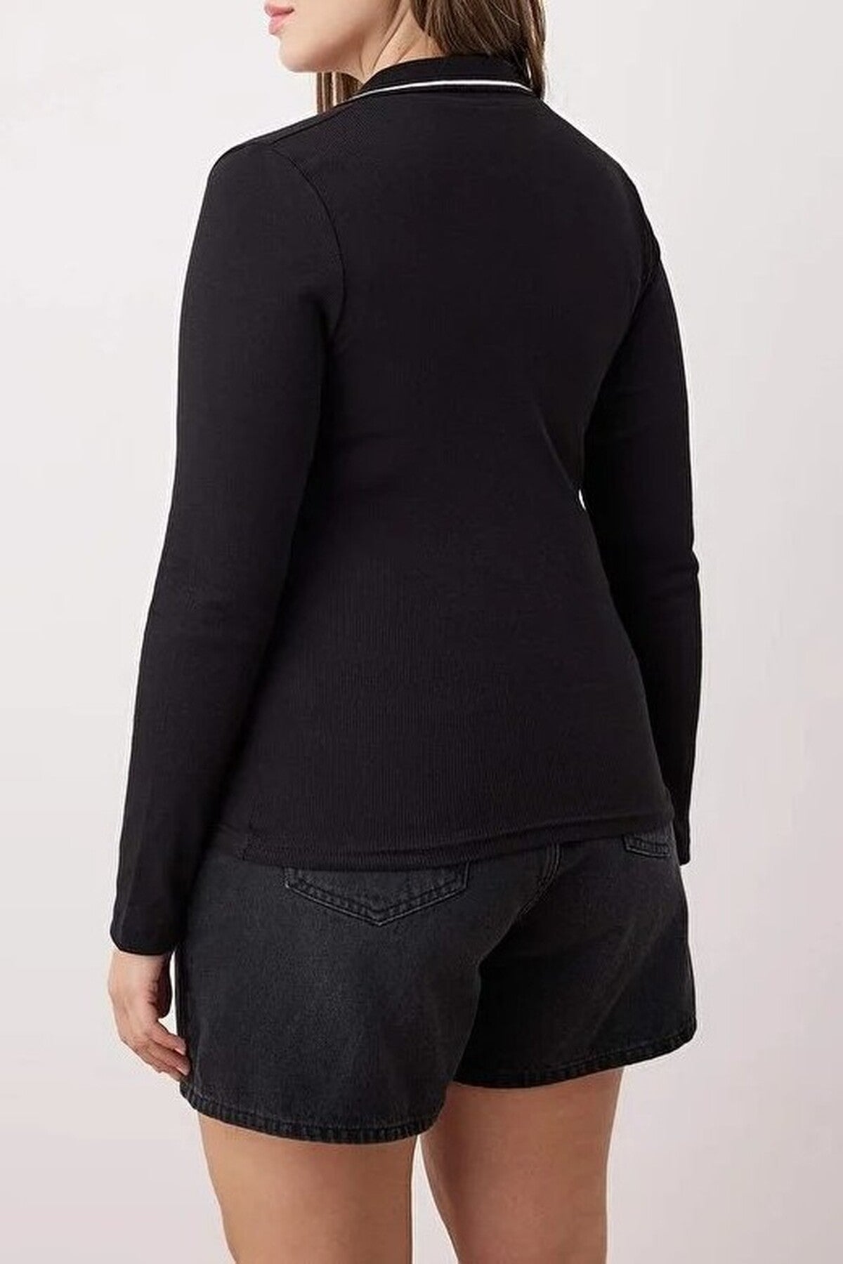 Knitted Collar Detail Fitted Ribbed Stretch Knit Blouse